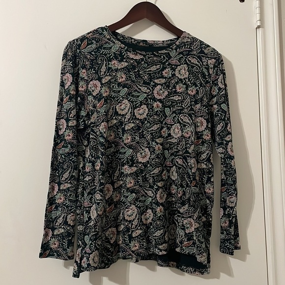 J.Jill Green Paisley Floral Long Sleeve Pima Crew-Neck High-Low Tee Size LP - Picture 2 of 7